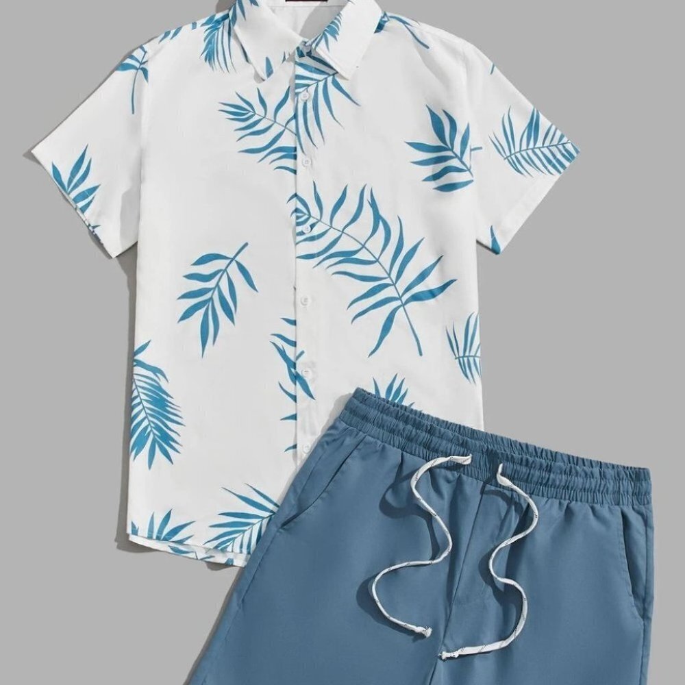 White Tropical Print Vacation Style Men's Shirt & Shorts Set